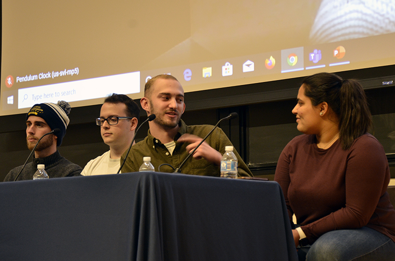 At a panel on Feb. 12 sponsored by the Steinbright Career Development Center and the College of Engineering, four students and one alumna discussed how they landed co-ops or jobs at Amazon, Facebook, Microsoft and Google and what it was like to work there.